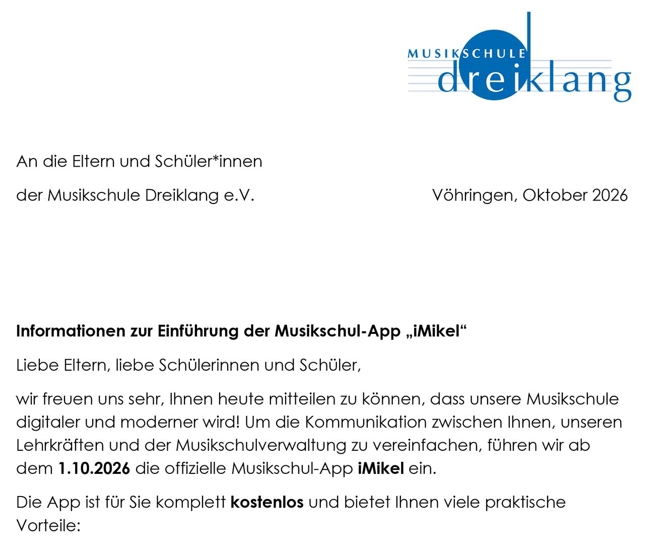 Informationen zur Einführung der Musikschul-App „iMikel“